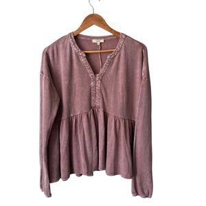 Easel Los Angeles Rose Gold Pink Long-Sleeved V-Neck Pleated Blouse, NWT